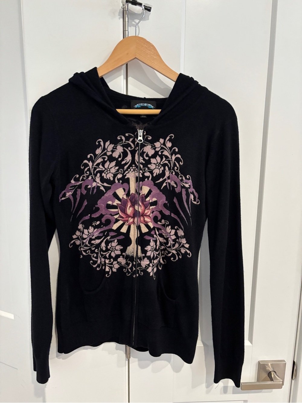 Black Floral Zip Hoodie with Floral Graphic. Size M